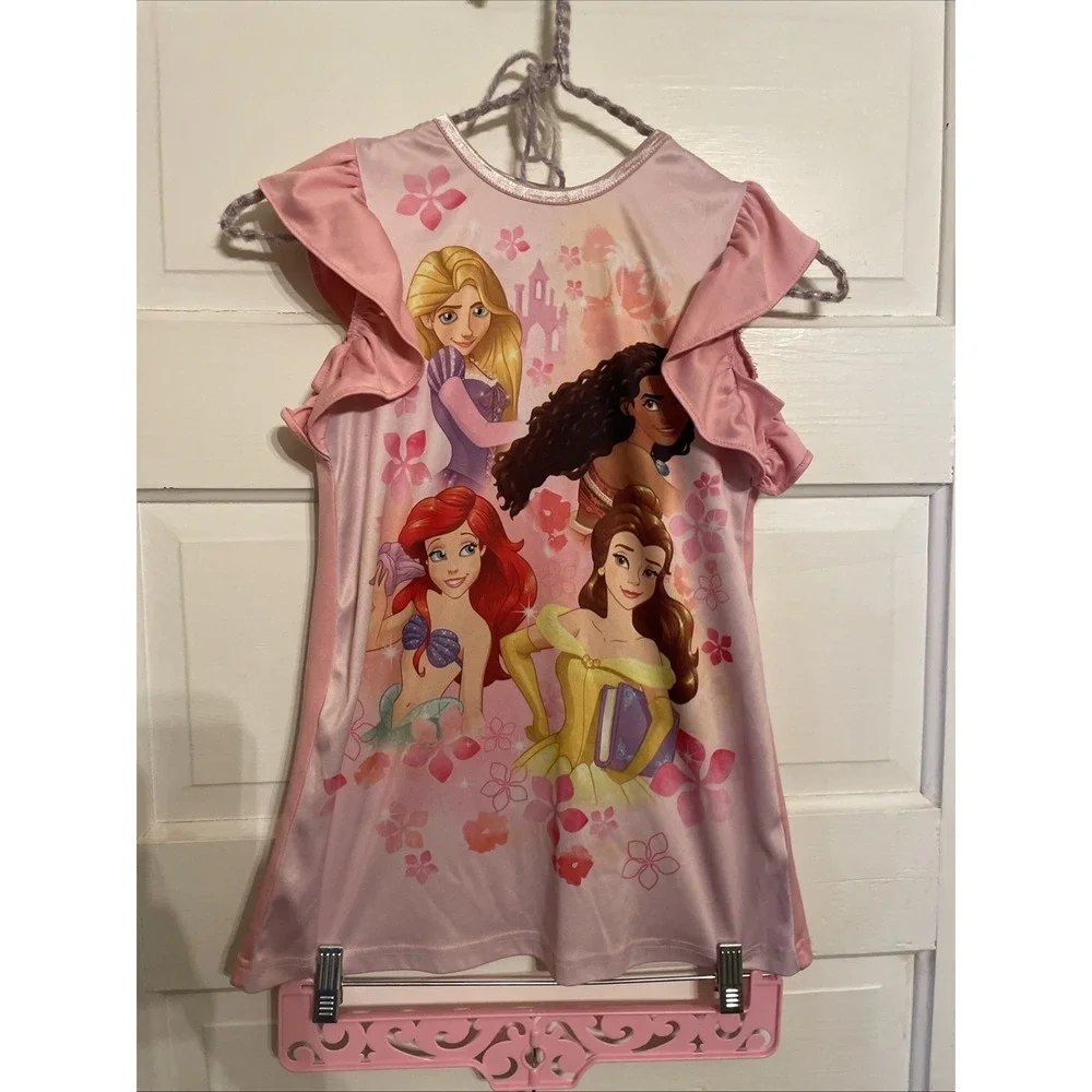 Disney Princesses Sleep Nightgown 5T Pink Ruffle Shoulders Belle Ariel Moana Rap - Picture 1 of 5